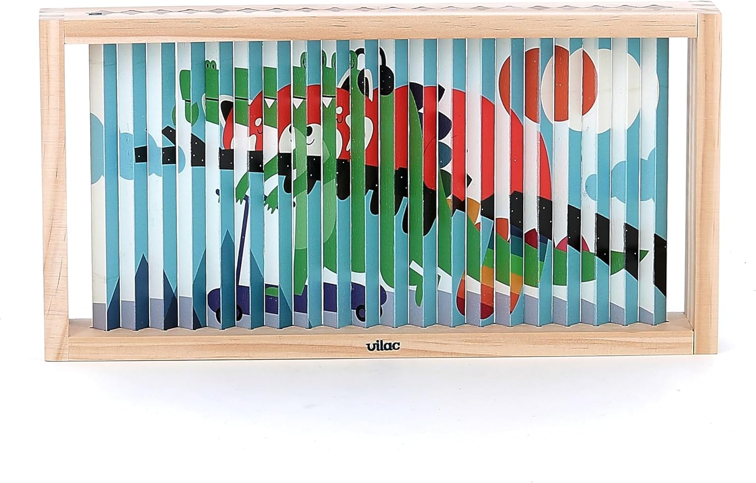 Puzzle de madera Vilac con 20 palos ilustrados en 4 caras y soporte de madera.