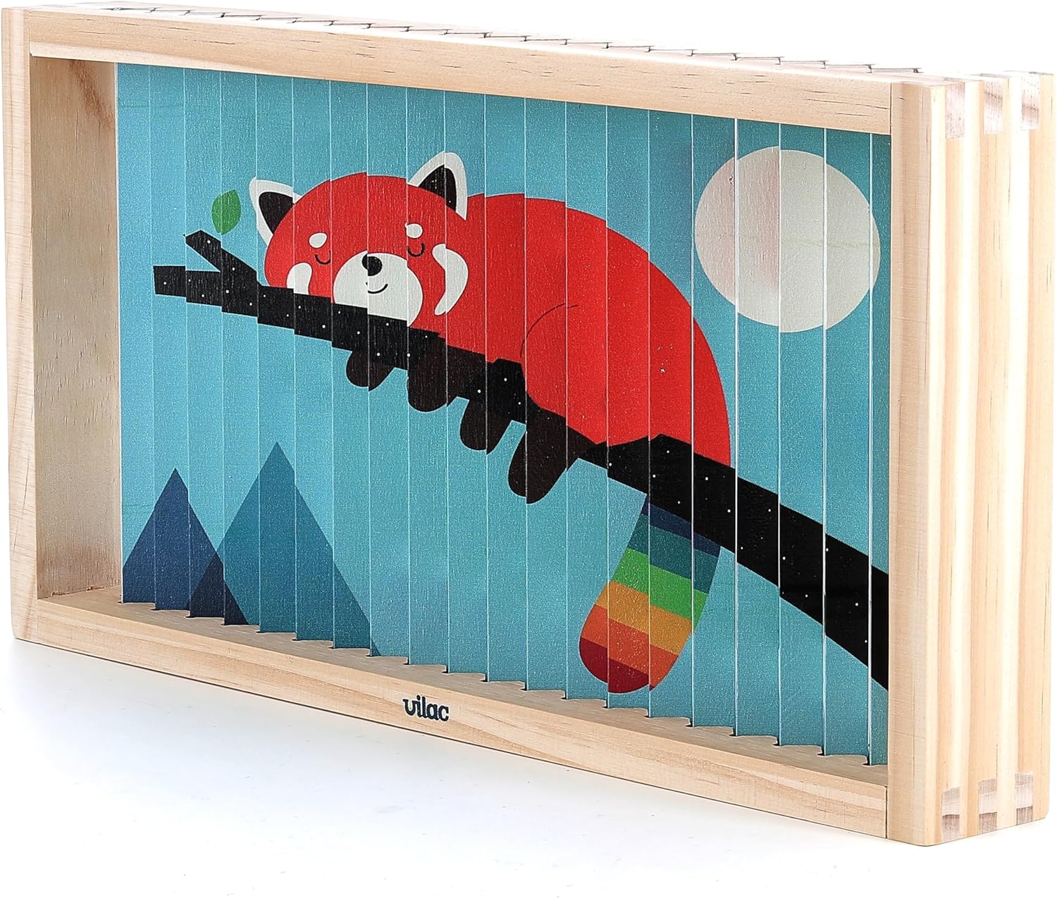 Puzzle de madera Vilac con 20 palos ilustrados en 4 caras y soporte de madera.