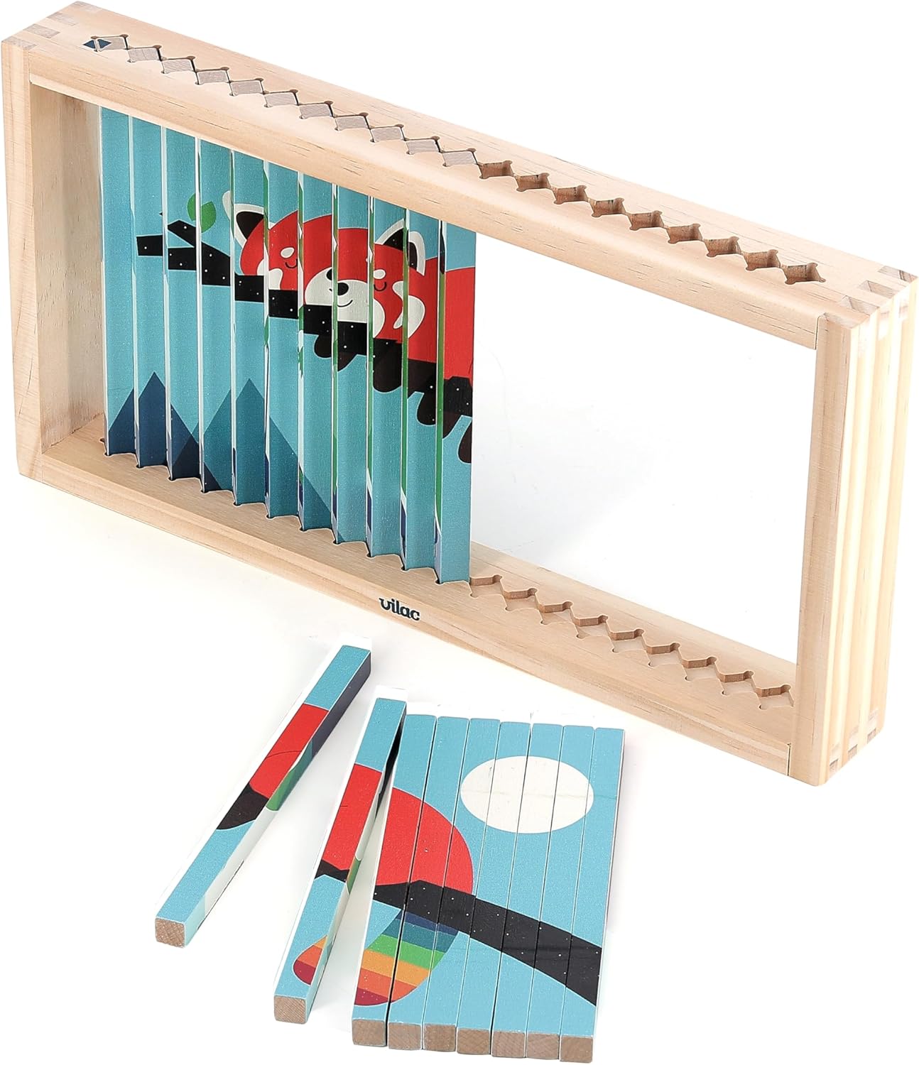 Puzzle de madera Vilac con 20 palos ilustrados en 4 caras y soporte de madera.