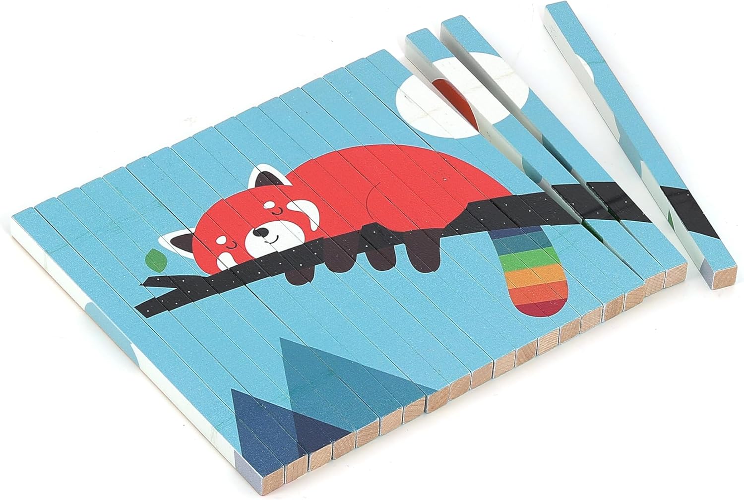 Puzzle de madera Vilac con 20 palos ilustrados en 4 caras y soporte de madera.