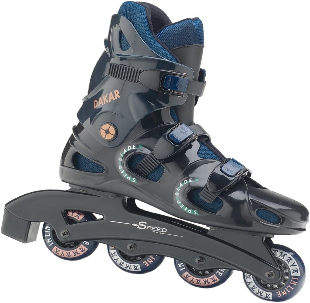 Patines en línea Amaya Dakar Talla 35 con bota rígida negra y cierres reforzados para patinaje junior