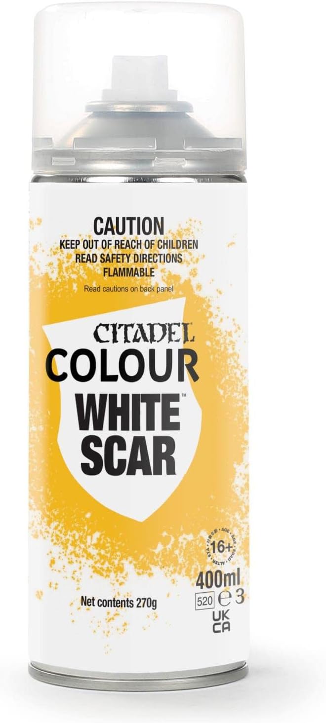 Aerosol de imprimación blanca Citadel White Scar de 400 ml, envase completo centrado sobre fondo blanco.