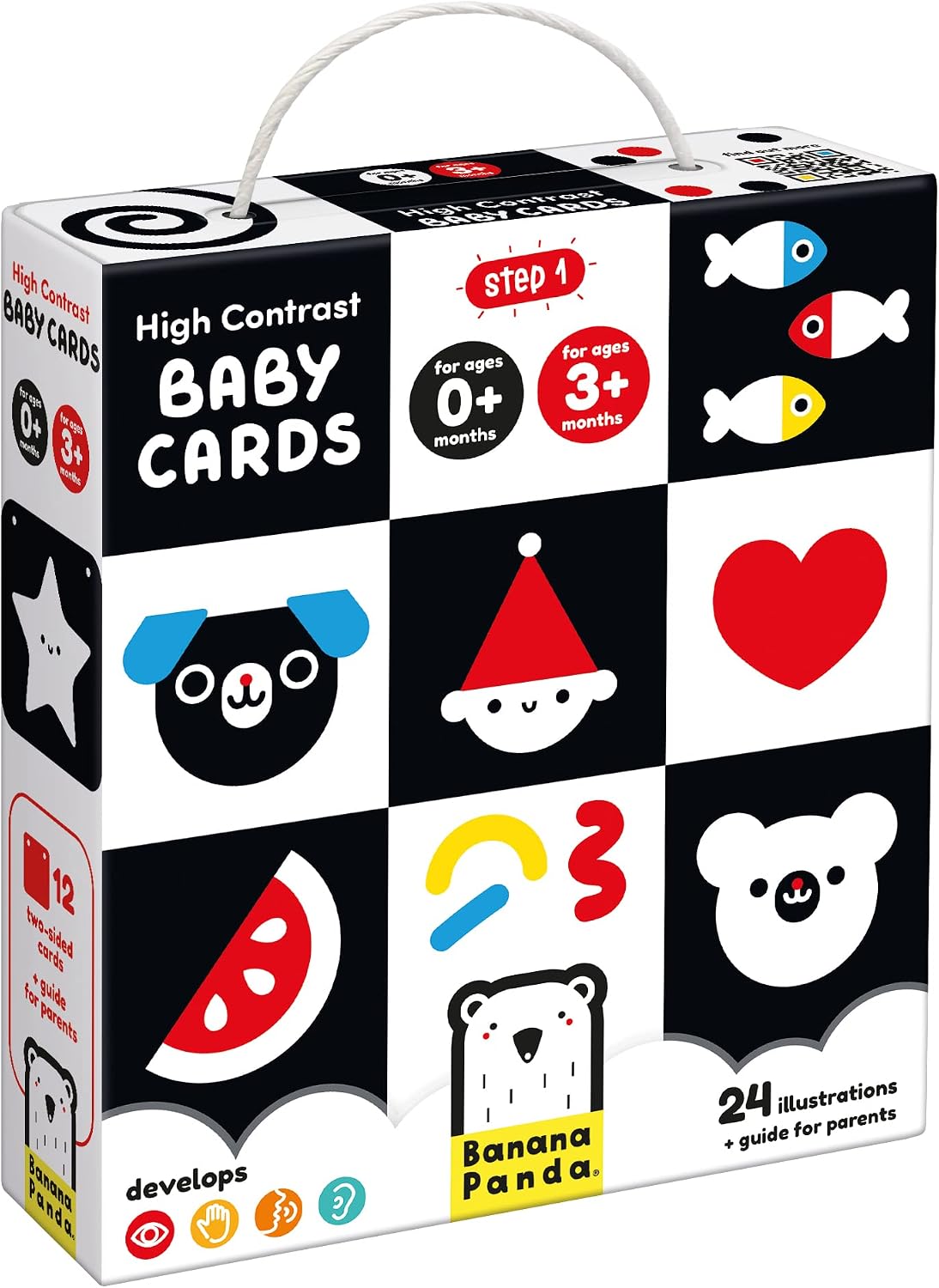 Tarjetas de alto contraste Banana Panda para bebés, frontal de la caja con asa y dibujos de animales, corazón y sandía.