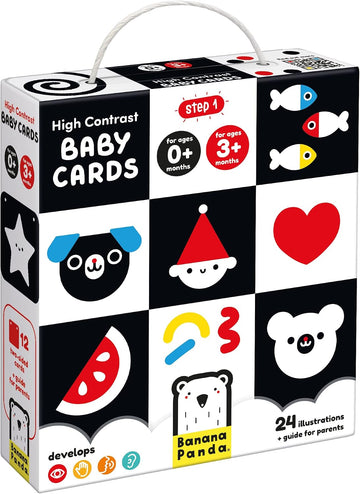 Tarjetas de alto contraste Banana Panda para bebés, frontal de la caja con asa y dibujos de animales, corazón y sandía.