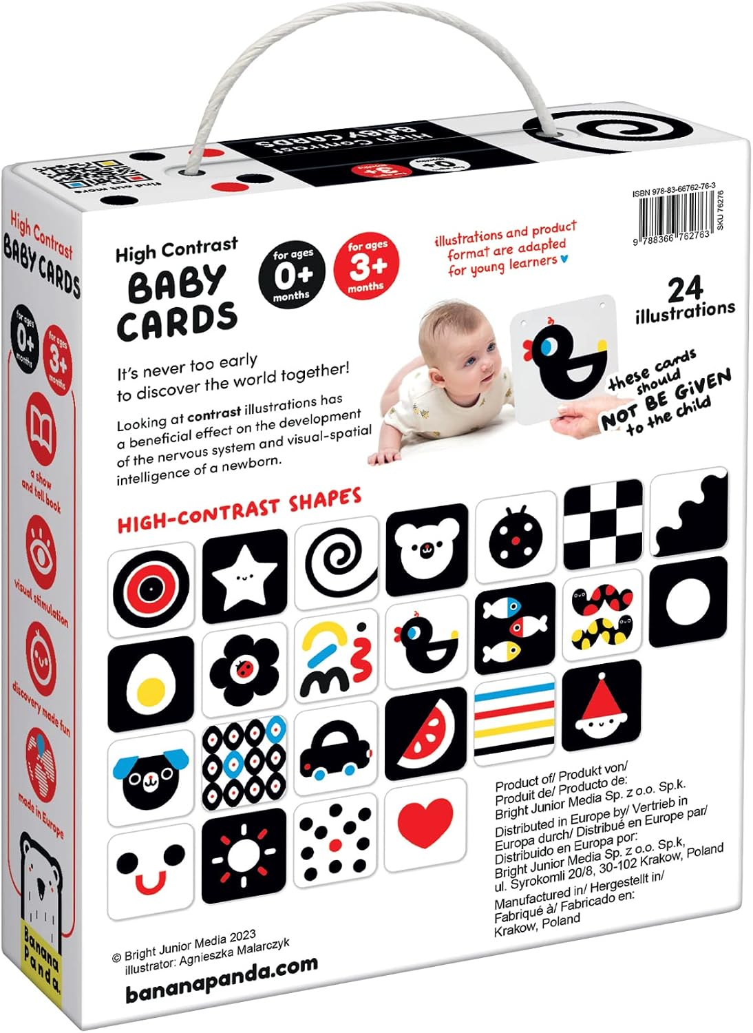 Tarjetas de alto contraste Banana Panda para bebés, reverso de la caja con ilustraciones y ejemplo de uso.