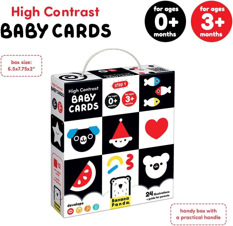 Tarjetas de alto contraste Banana Panda para bebés, presentación del conjunto de tarjetas junto a su caja con asa.