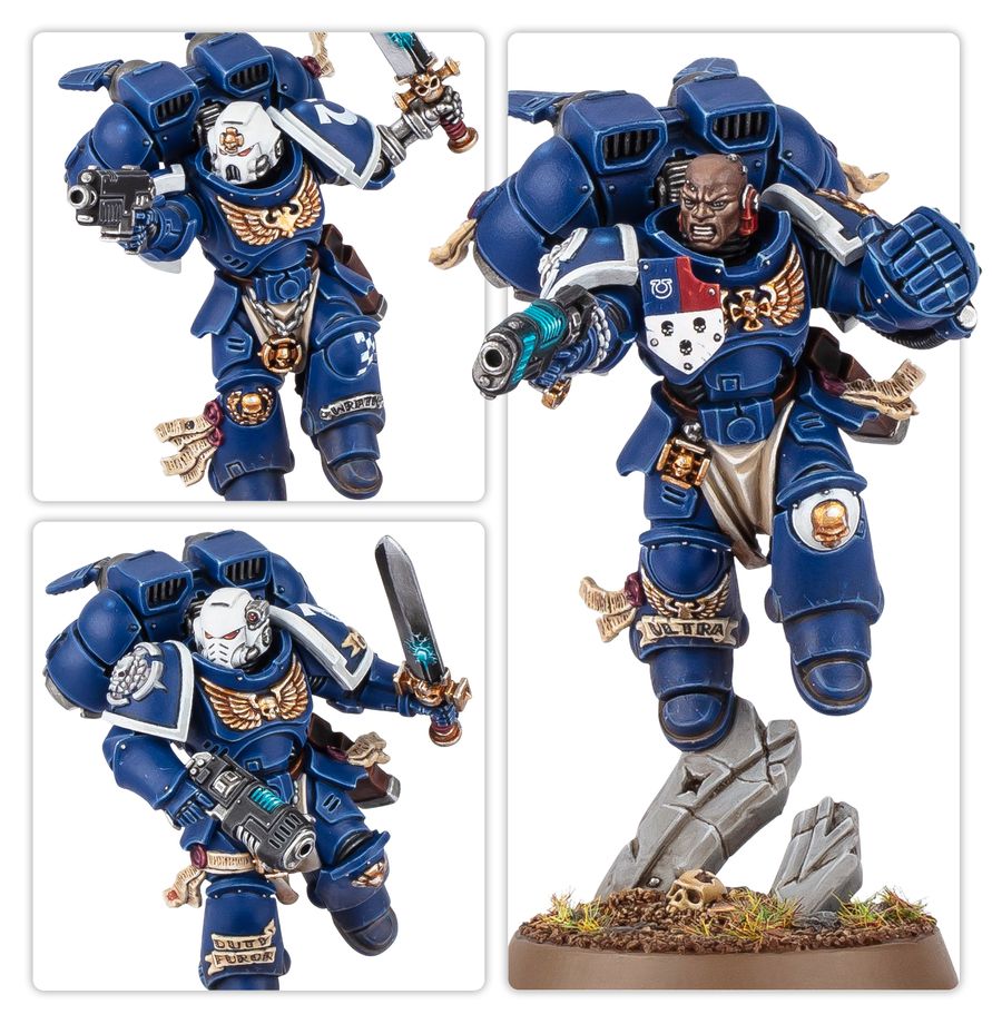 Veteranos de Vanguardia Warhammer 40.000 pintados de azul, con propulsores de salto y armas de combate.