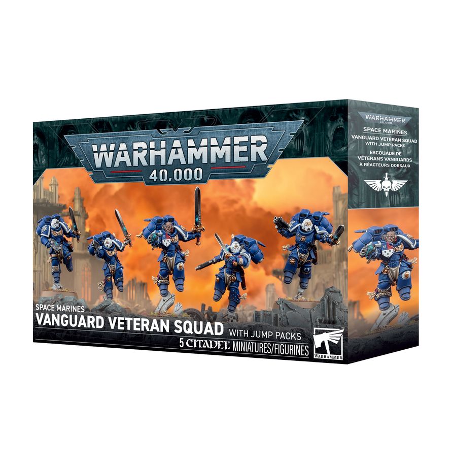 Caja de Veteranos de Vanguardia con propulsores de salto Warhammer 40.000, con la escuadra de Marines Espaciales en portada.