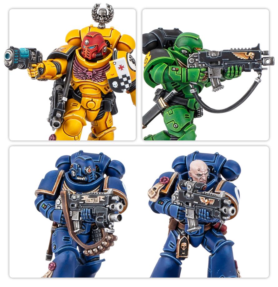 Intercesores Warhammer 40.000, vistas de miniaturas pintadas en amarillo y azul con rifles bólter.