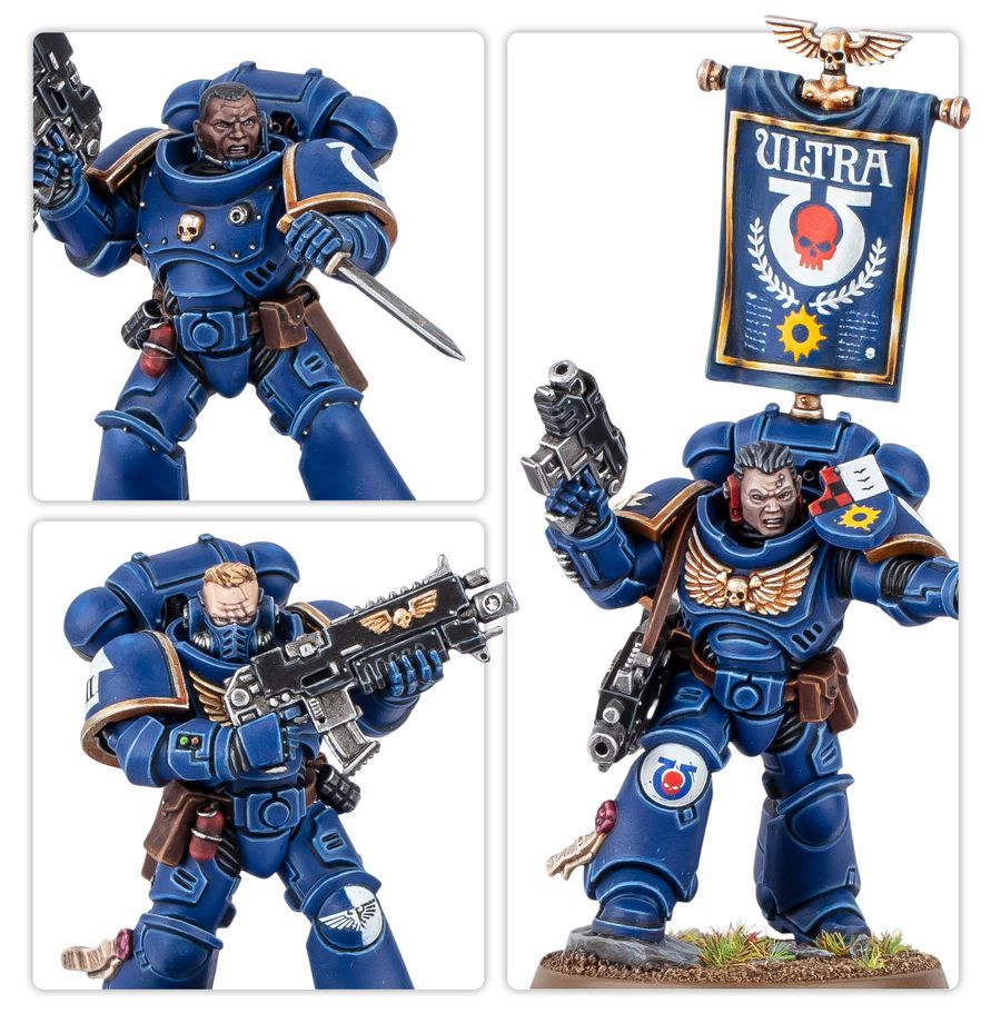 Marines Espaciales de la Escuadra de Intercesores Warhammer 40.000, con estandarte dorsal y distintos detalles de armadura.