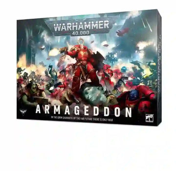 Caja de inicio Warhammer 40.000 Armageddon con ilustración de batalla espacial - Educar Jugando