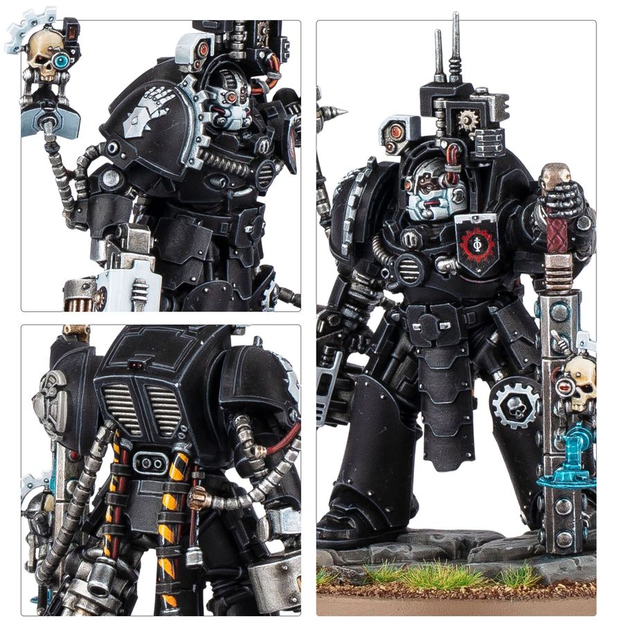 Caanok Var Iron Hands vista trasera Armadura Exterminador y servocráneos Warhammer 40K
