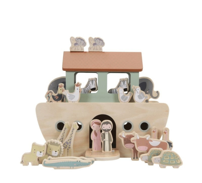 Arca de Noé Little Dutch abierta con Noé, su esposa y animales de madera colocados alrededor