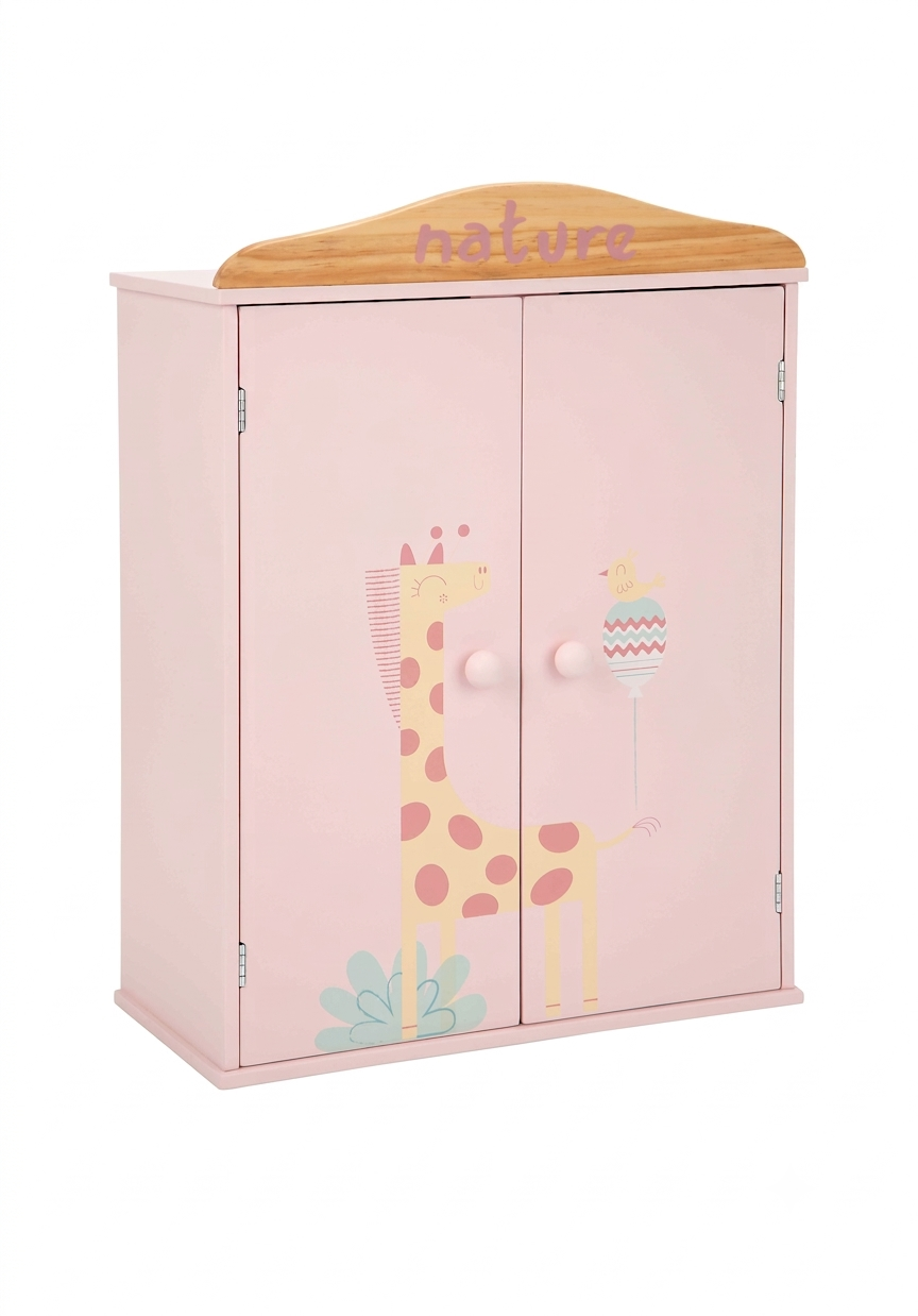 Armario de madera Colección Nature Arias con dibujo de jirafa en rosa, 2 puertas y remate superior en madera natural | Ref. 21580