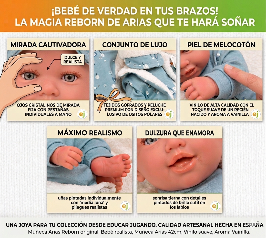 Detalles realistas del Bebé Reborn Bruno de Arias (Ref 98150): ojos con pestañas a mano, uñas con media luna y tacto suave con aroma a vainilla. Exclusivo en Educar Jugando