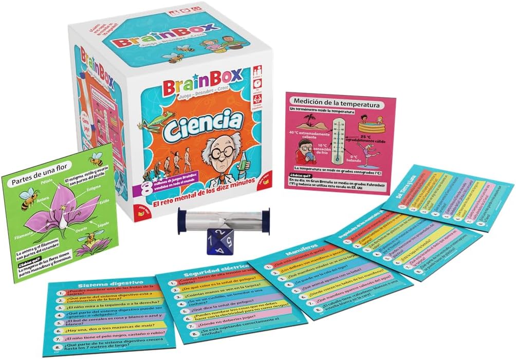 Caja con tarjetas, reloj y dado
BrainBox Ciencia con tarjetas sobre las partes de una flor y la temperatura, preguntas, reloj de arena y dado de ocho caras.