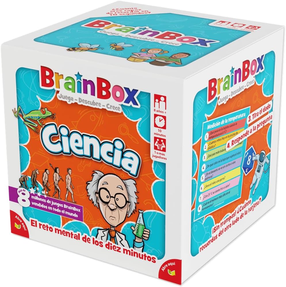 BrainBox Ciencia, caja del juego de memoria y observación con ilustraciones científicas, recomendado a partir de 8 años.