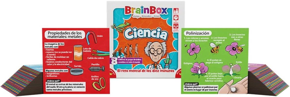 Tarjetas de metales y polinización
BrainBox Ciencia con tarjetas ilustradas sobre las propiedades de los metales y la polinización junto a la caja del juego.