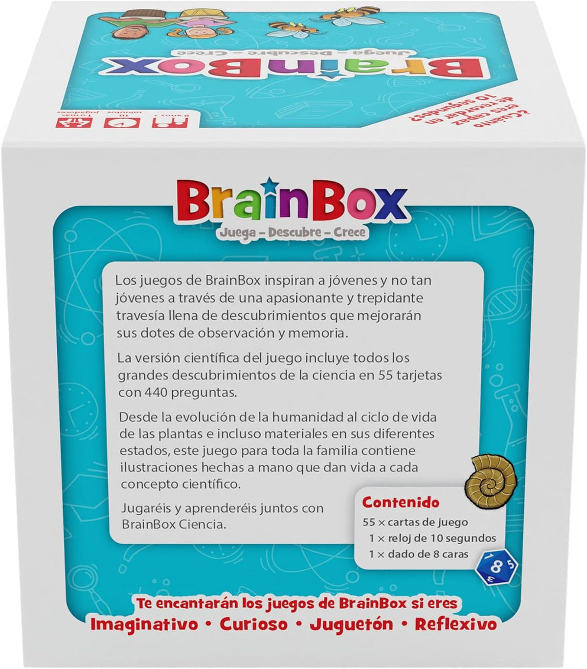 Parte trasera de la caja
BrainBox Ciencia, parte trasera de la caja con descripción y contenido: 55 cartas, reloj de 10 segundos y dado de ocho caras.