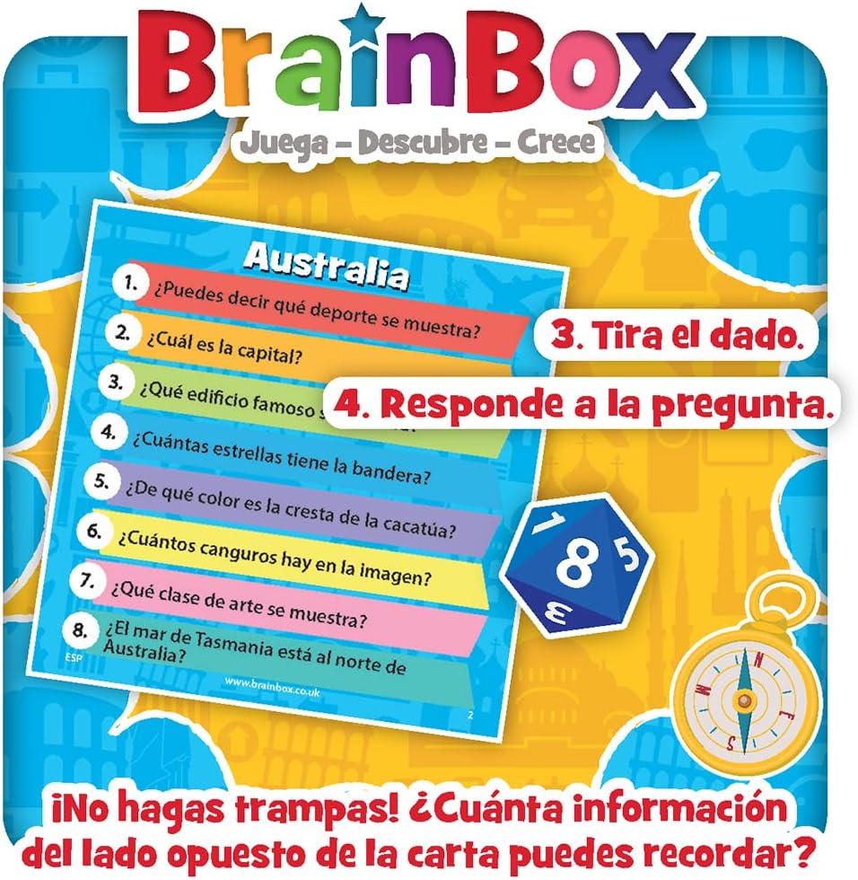 BrainBox El Mundo, caja del juego de memoria sobre países y culturas con ilustraciones de monumentos y banderas.