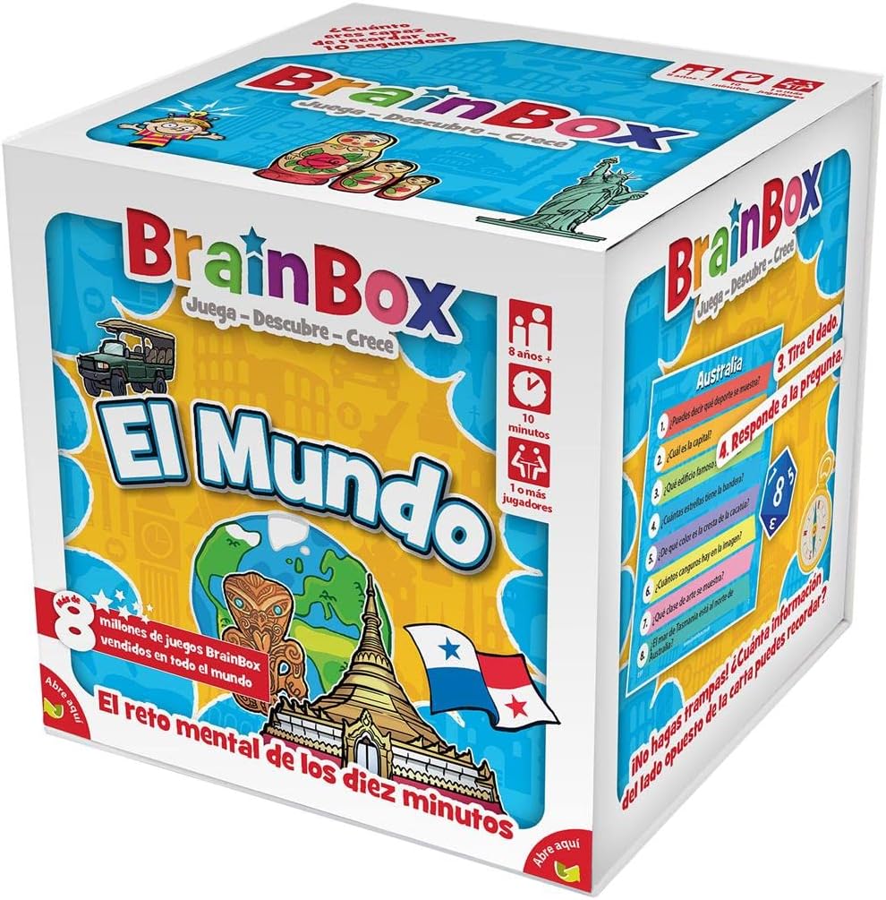BrainBox El Mundo, caja del juego de memoria sobre países y culturas con ilustraciones de monumentos y banderas.
