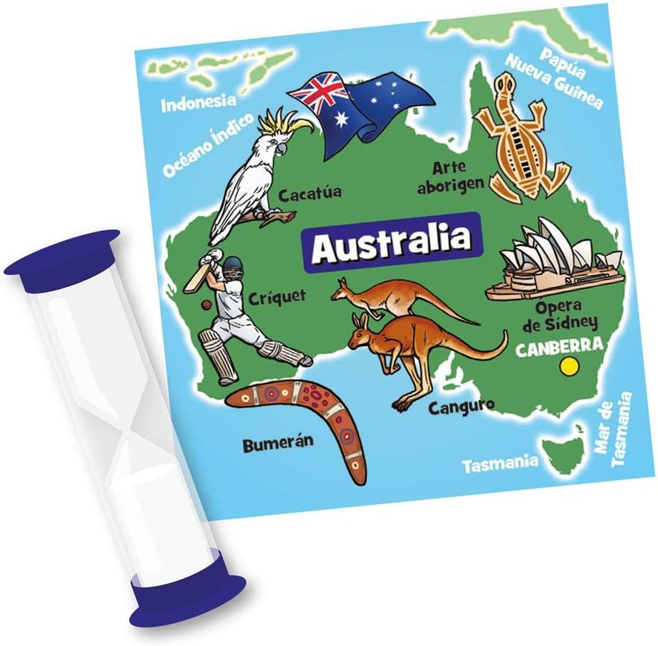 BrainBox El Mundo, tarjeta ilustrada de Australia con canguros, bandera y Ópera de Sídney junto al reloj de arena.