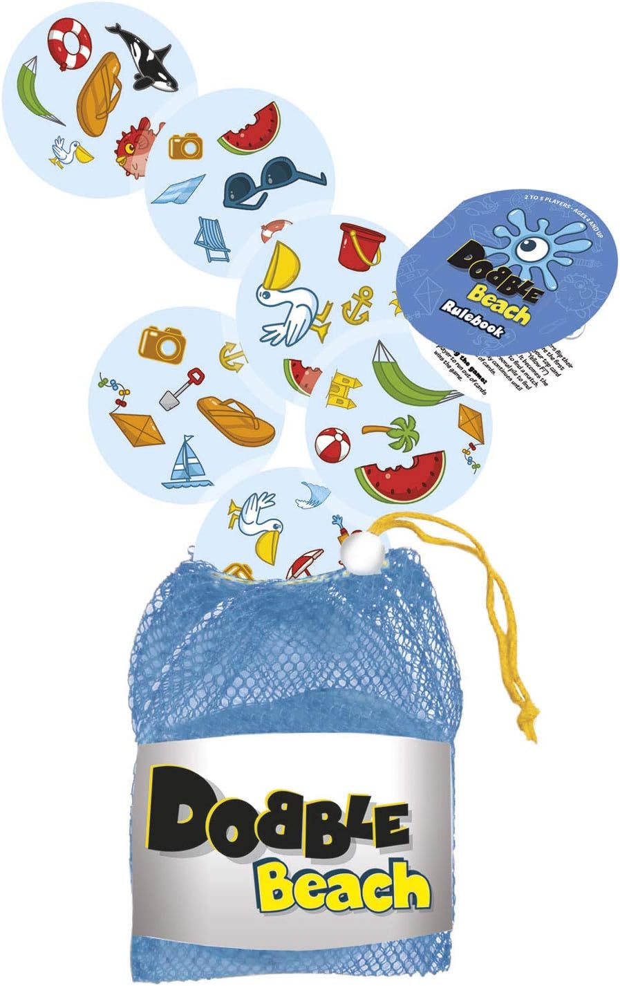 Cartas Dobble Beach con iconos playeros - pelotas, gafas de sol, flotadores y helados