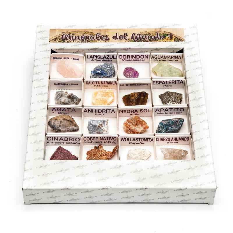 Caja de colección Minerales del Mundo 1 con 16 muestras auténticas incluyendo Agata, Pirita y Cuarzo - Educar Jugando.