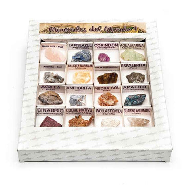 Caja de colección Minerales del Mundo 1 con 16 muestras auténticas incluyendo Agata, Pirita y Cuarzo - Educar Jugando.