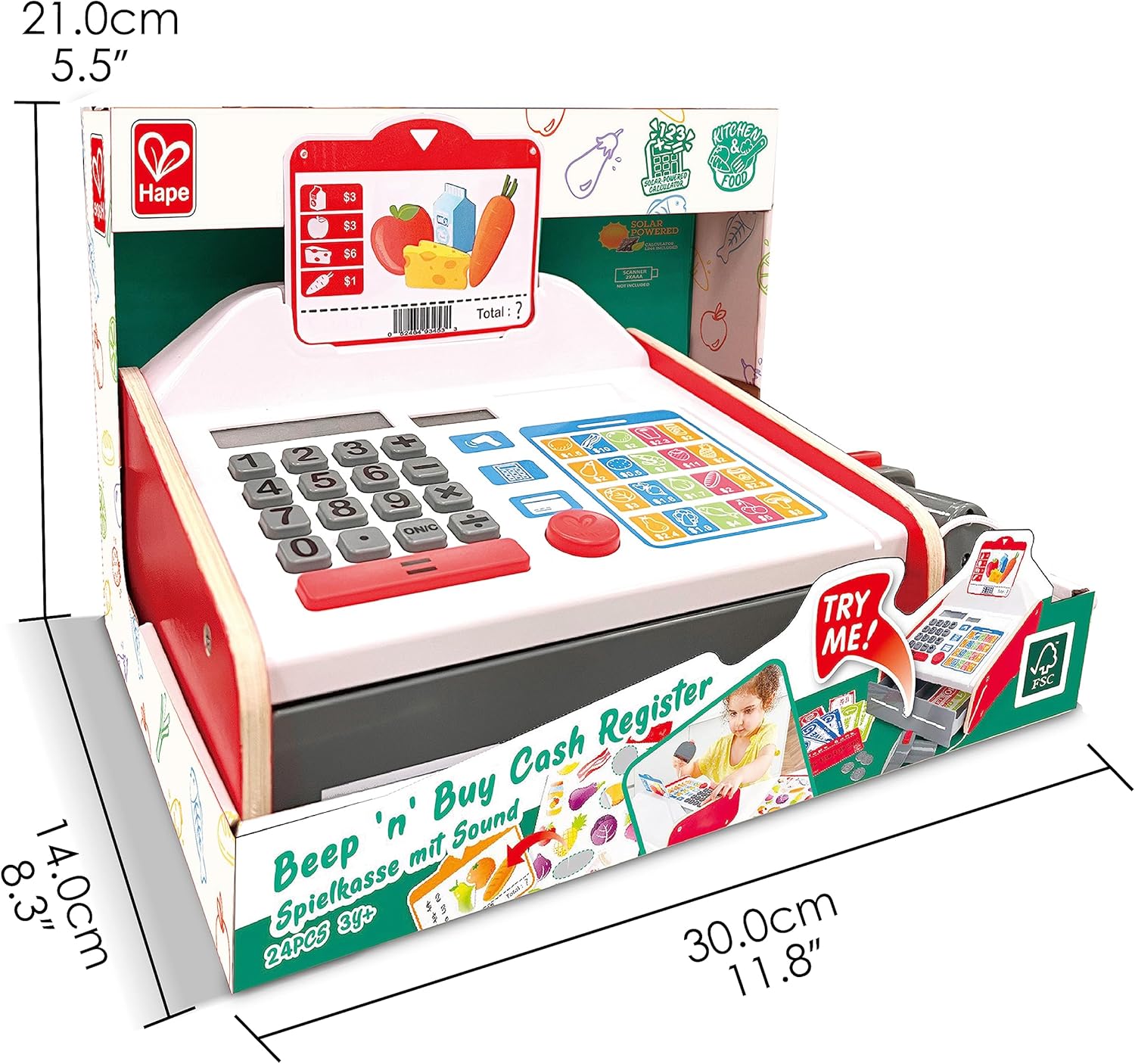 Caja registradora de madera Hape con calculadora solar real y accesorios de juego simbólico. Eduar Jugando