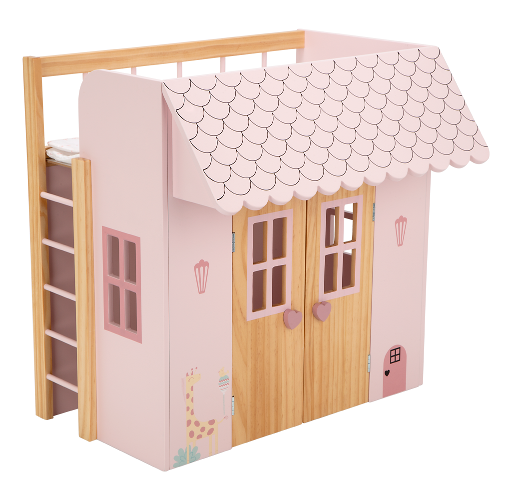 Cama casita de madera para muñecas y bebés reborn con armario de juguete rosa Arias Nature