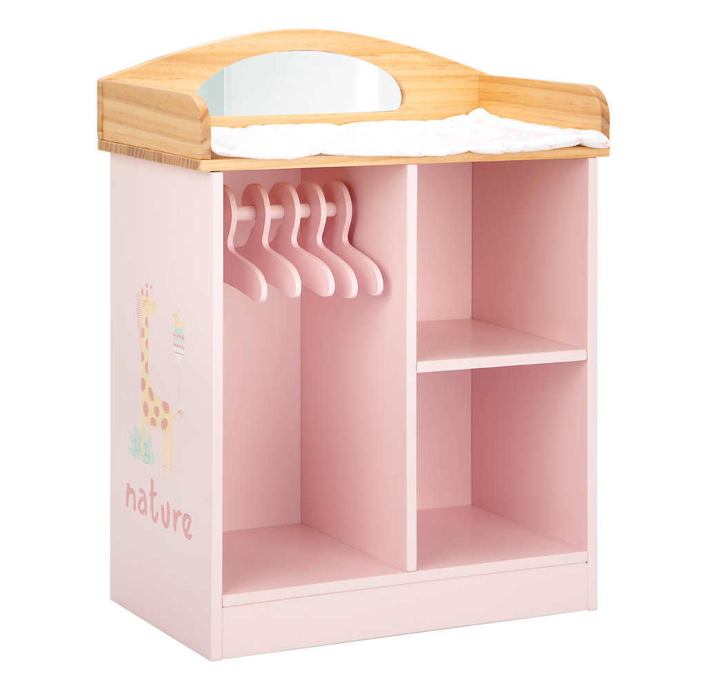 Cambiador y perchero de madera para muñecas Arias Nature. Incluye colchoneta rosa, cestas de tela y perchas. Juguete realista para el desarrollo real sin pantalla.