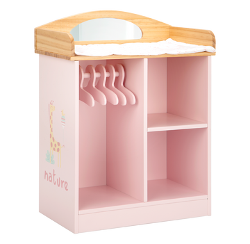 Cambiador y perchero de madera para muñecas Arias Nature. Incluye colchoneta rosa, cestas de tela y perchas. Juguete realista para el desarrollo real sin pantalla.