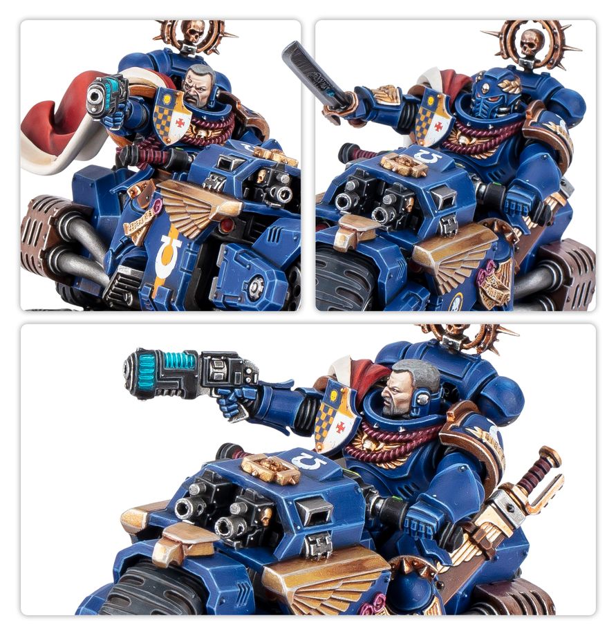 Capitán en moto de Warhammer 40.000, montaje con varias vistas y detalles de la miniatura sobre la motocicleta.