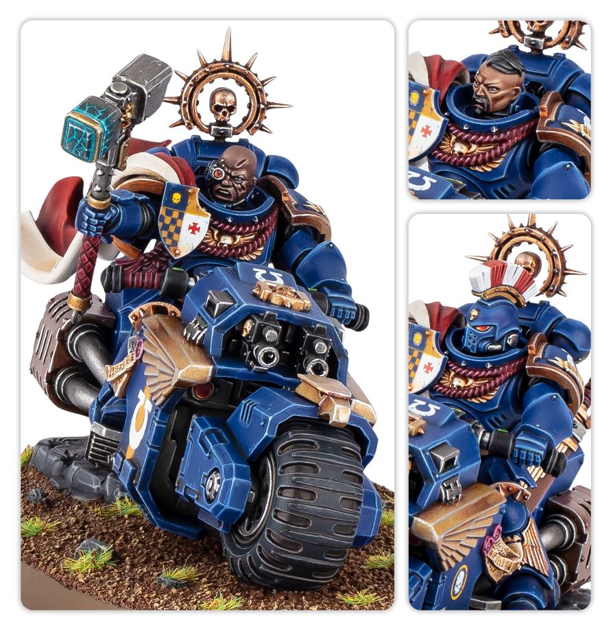  Capitán en moto de Warhammer 40.000, composición que muestra la miniatura y distintas vistas de sus opciones de montaje.