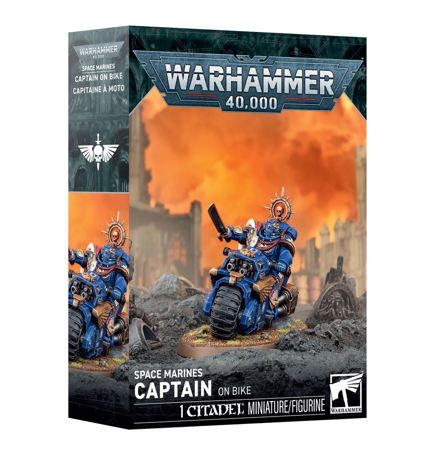Caja del kit Capitán en moto de Warhammer 40.000, con la ilustración de la miniatura en el frontal.