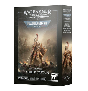 Caja del Capitán Escudo Custodes de Warhammer, con la miniatura en portada y los logotipos de Horus Heresy y Warhammer 40.000.
