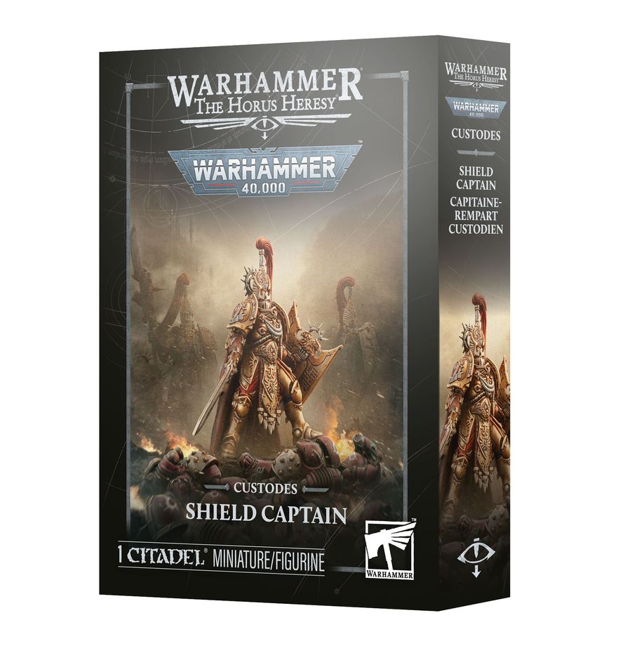 Caja del Capitán Escudo Custodes de Warhammer, con la miniatura en portada y los logotipos de Horus Heresy y Warhammer 40.000.