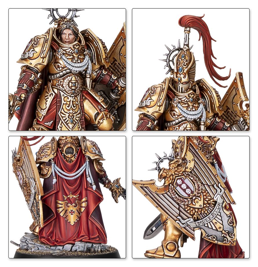Detalles del Capitán Escudo Custodes de Warhammer: cabezas alternativas, filigranas de la armadura, capa roja y escudo.