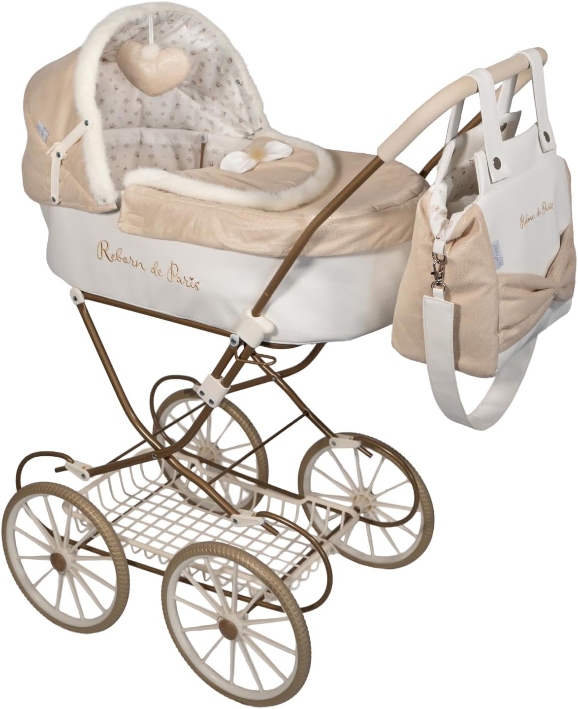 Coche capota clásico Reborn de París Arias 40940 - vista frontal con ruedas doradas y estructura elegante