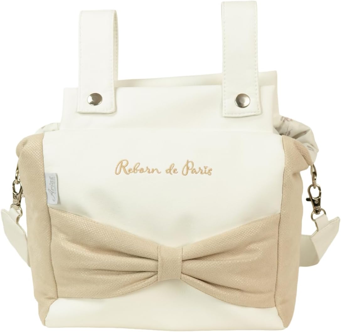 Bolso a juego coordinado del Coche Reborn de París Arias 40943 - detalle frontal con lazo y bordado