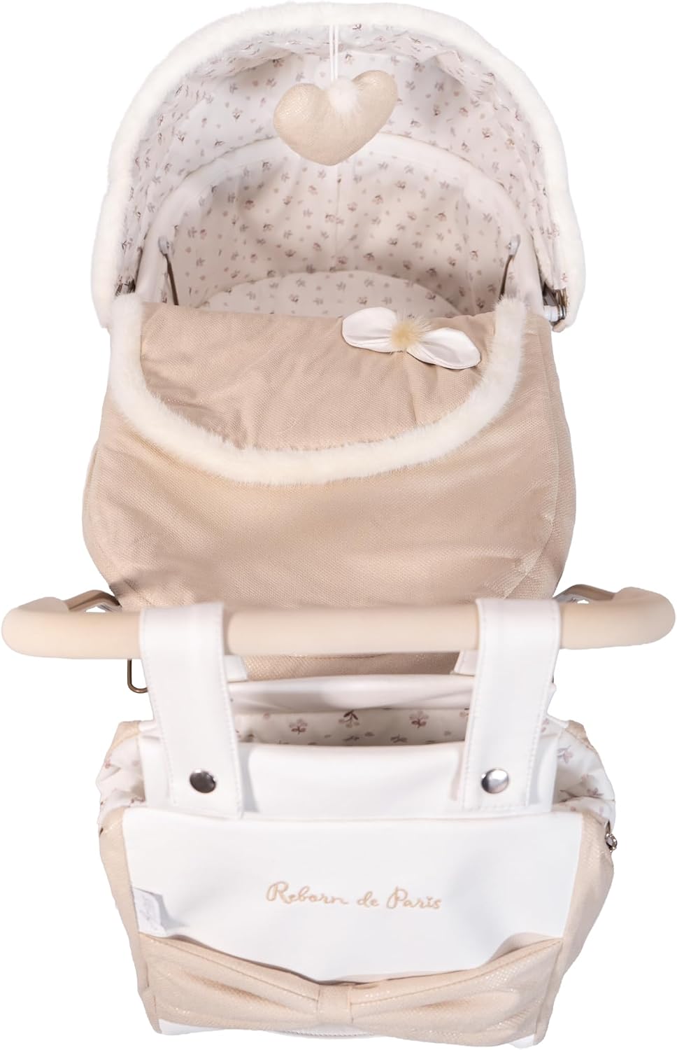 Interior del capazo del Coche Reborn de París Arias 40940 - detalle acolchado beige visto desde arriba