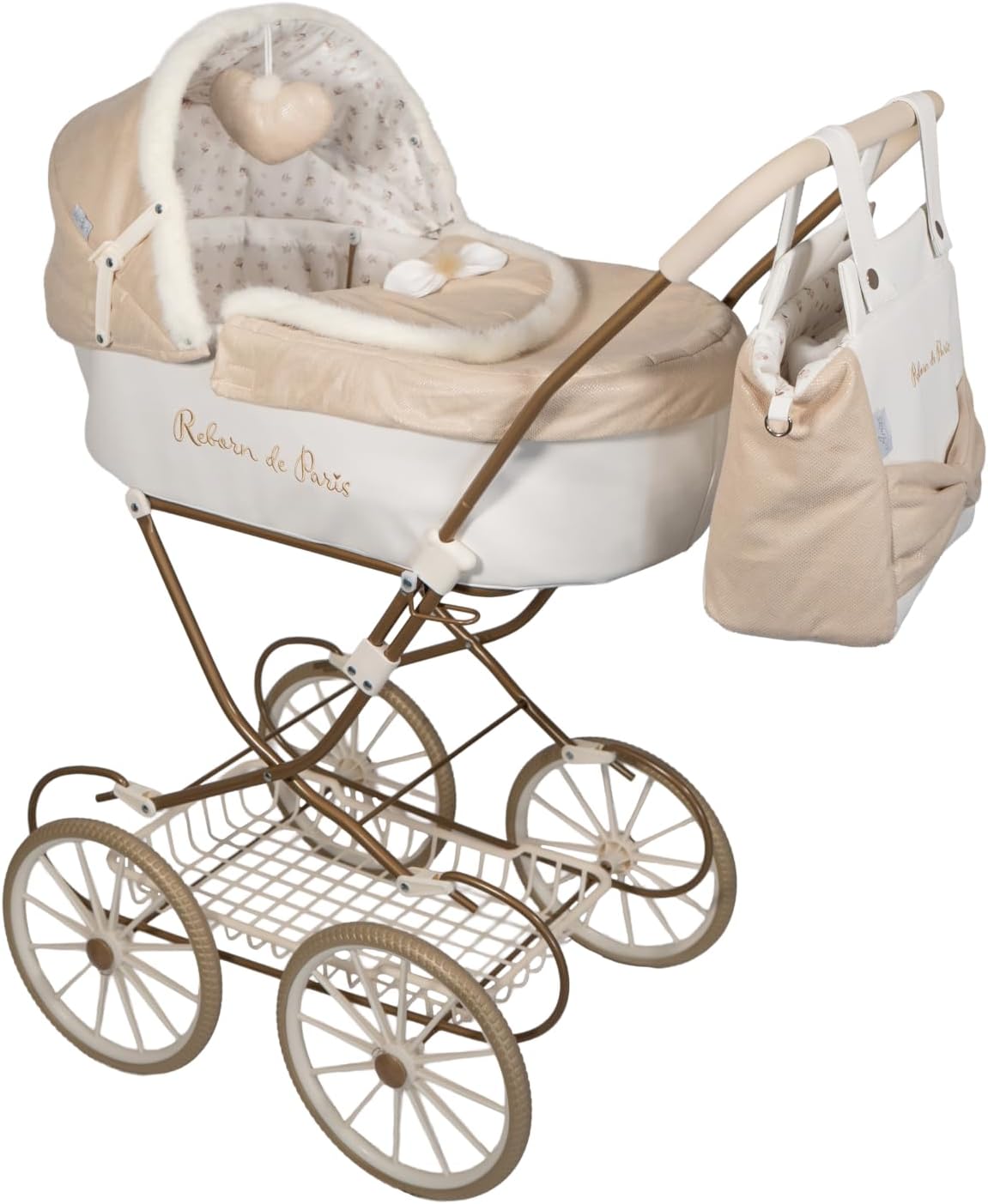 Coche capota Reborn de París Arias 40940 beige con estructura dorada - vista lateral completa con capazo y bolso