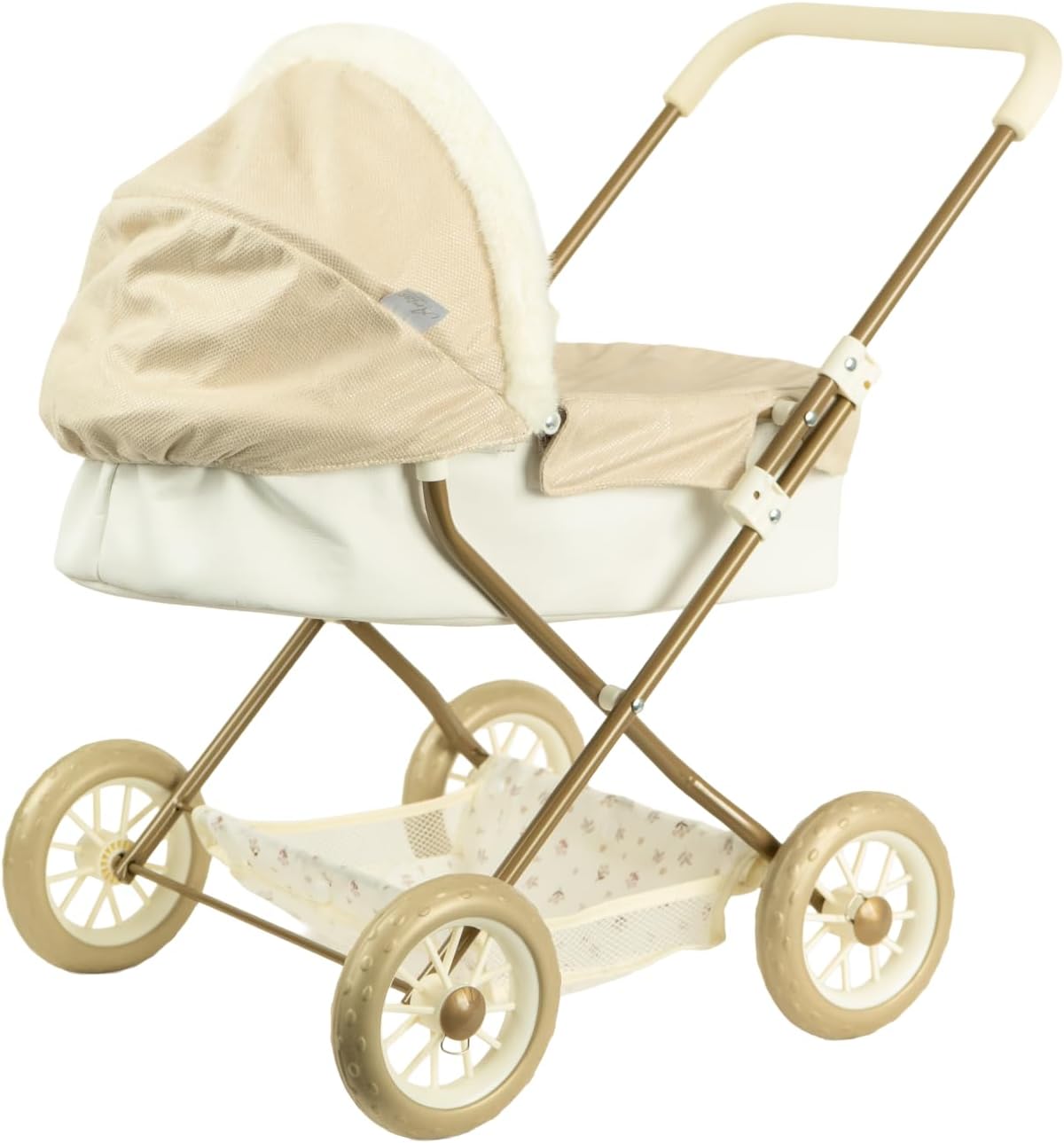 Coche Reborn de París Arias 40943 beige con capazo - vista lateral derecha detalle ruedas doradas