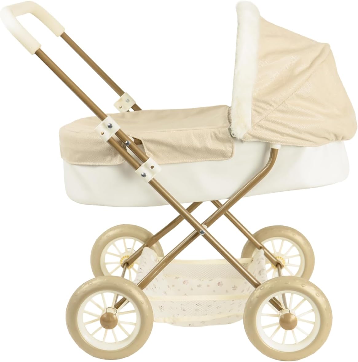 Coche capota Reborn de París Arias 40943 beige con estructura dorada - vista lateral completa con capazo