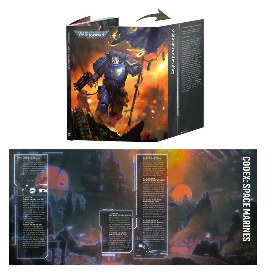 Codex: Space Marines de Warhammer 40,000 en tapa blanda, mostrado en perspectiva con una vista de su cubierta trasera.