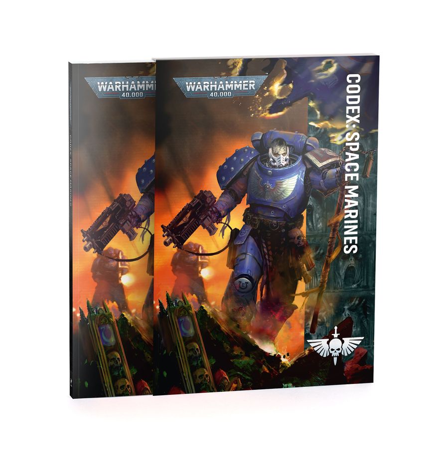 Vista frontal del libro Codex: Space Marines de Warhammer 40,000, con la portada ilustrada del suplemento para Marines Espaciales.