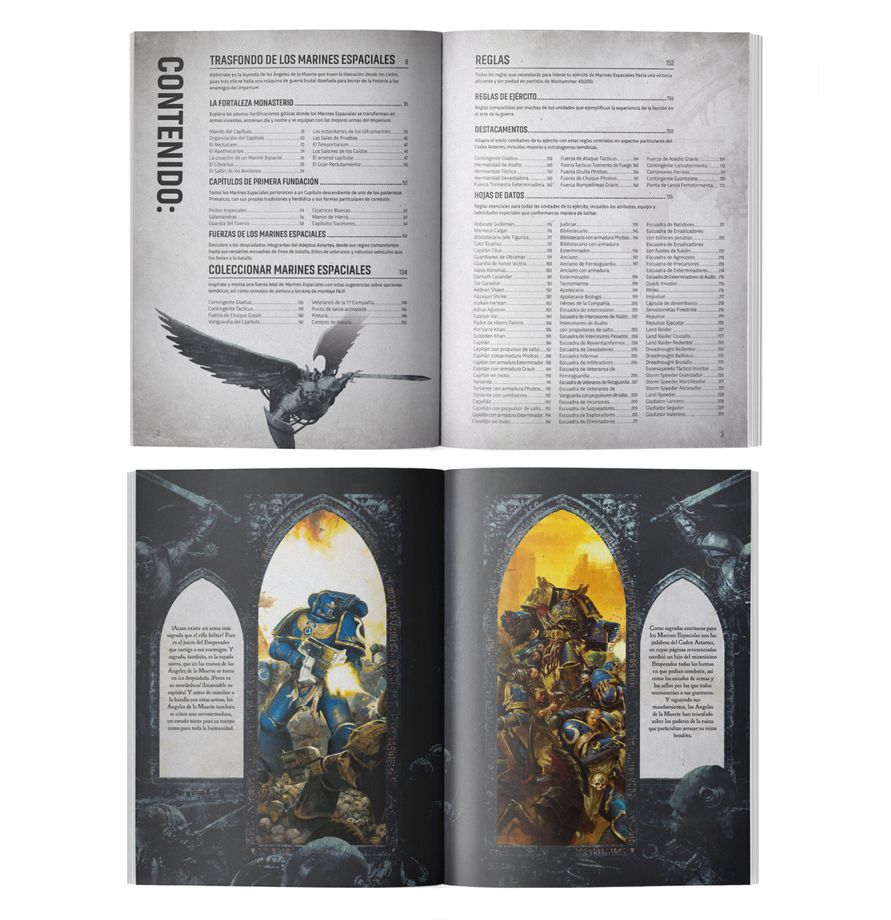 Páginas interiores del Codex: Space Marines de Warhammer 40,000, con texto, ilustraciones y fotografías de miniaturas.