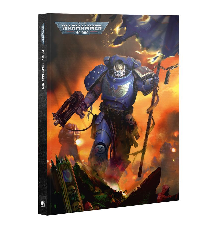 Space Marines de Warhammer 40,000 en español, con un Marine Espacial ante un escenario de batalla.