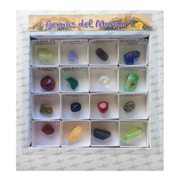 Caja expositora con 16 gemas naturales pulidas de la Colección Nº2 de Kunugi, incluyendo Malaquita y Berilo - Educar Jugando